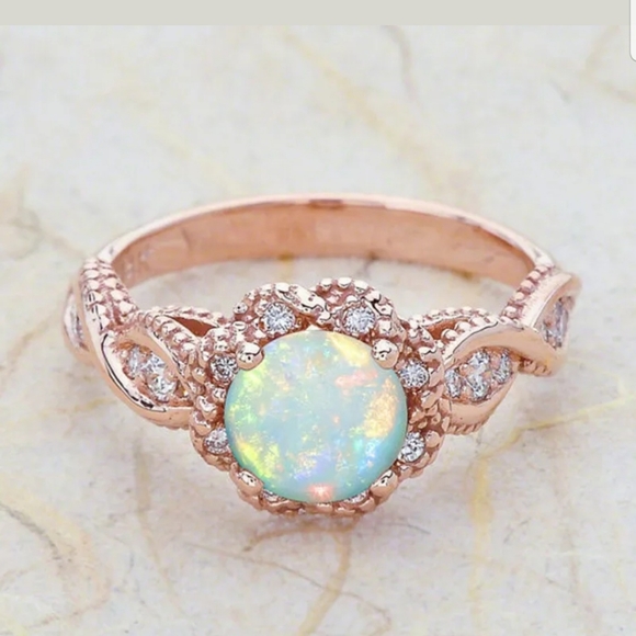 Jewelry - Rose Gold Round Opal Diamond Halo Milgrain Ring